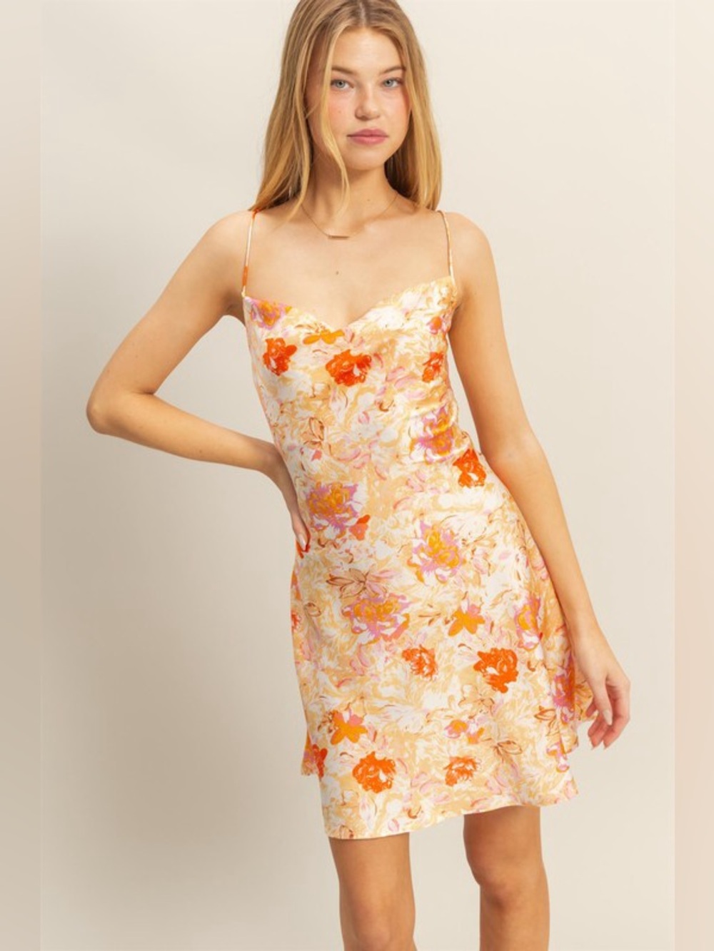 HYFVE Floral Cowl Neck Flirty Satin Mini Dress